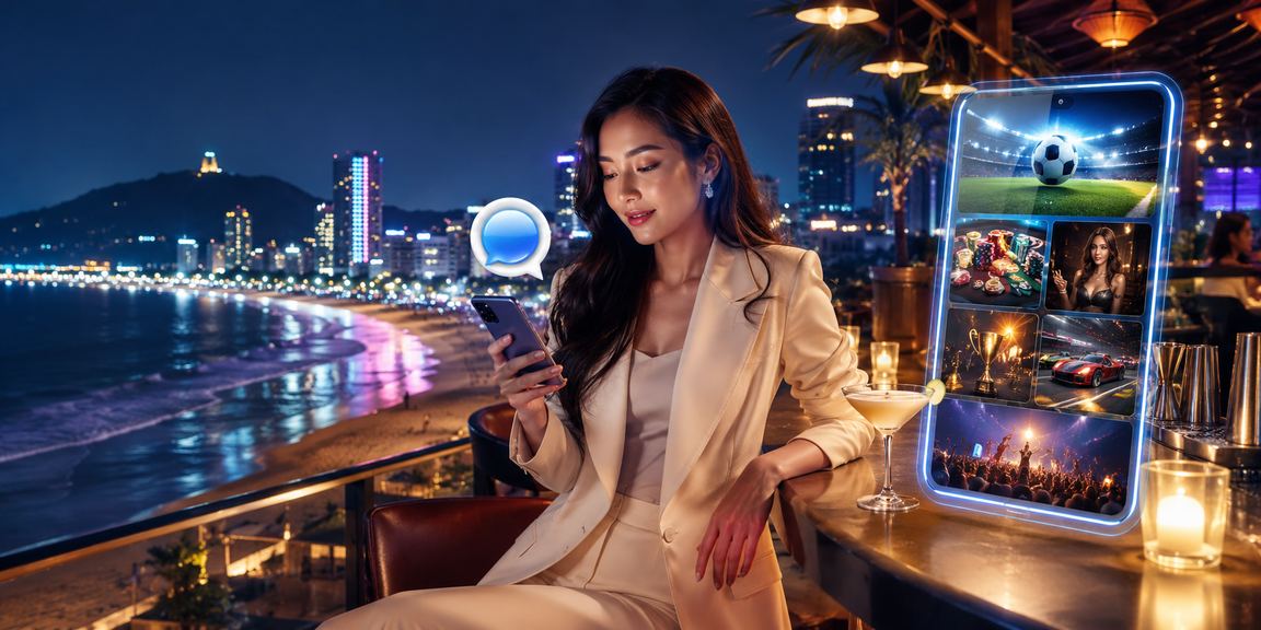 Người dùng thư giãn tại bãi biển Vũng Tàu, đăng nhập tài khoản casino mobile trên điện thoại
